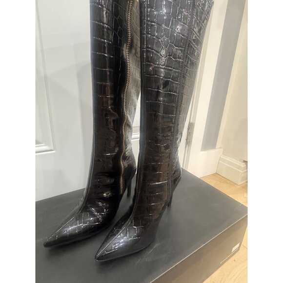 INC Sabrinaa Black Faux Croc Knee-High Stiletto Boots With Side Zipper - Womens - Picture 2 of 7